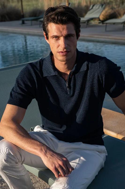 Men's fashion-forward office wear polo shirt-Blue textured knit polo with zip - Made in Italy