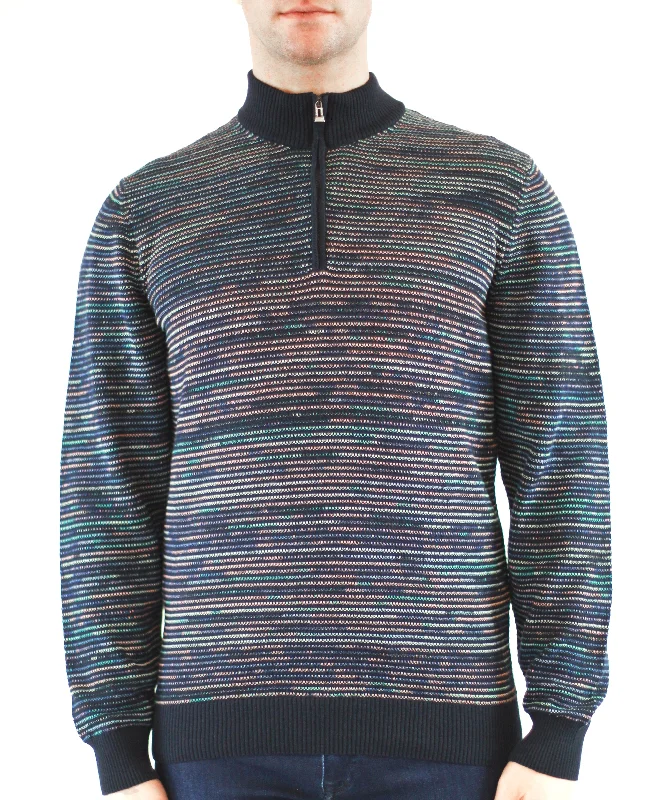 Men's waterproof sweatshirt-Navy with Peach Multicolor Stripes, 3/4 zip