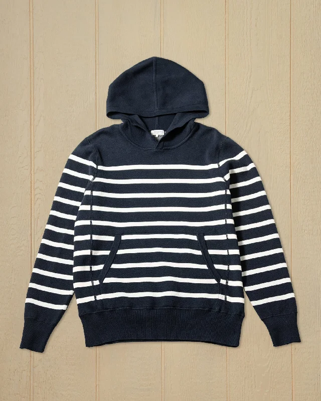 Men's tech-fabric sweater-Wharf Knit Hoodie in Navy/White Stripe