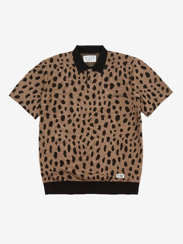 Men's tech-inspired casual wear polo shirt-Wacko Maria Leopard Knit Short Sleeve Polo Shirt - Brown