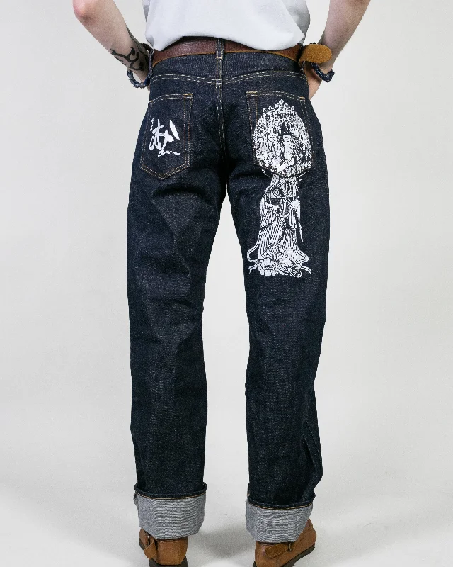 Men's performance travel wear pants-Japanese Repro Denim Jeans, Mukashi Mukashi, Hand Painted - 31