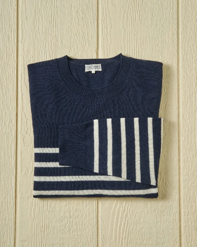 Men's basketball sweater-Merino Roll Neck Sweater in Navy/Egret Placed Stripe