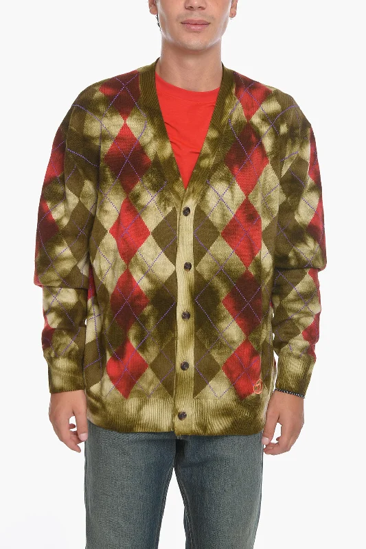 Men's hunting knit-Diesel Wool K-ADDICE Cardigan with Check Pattern