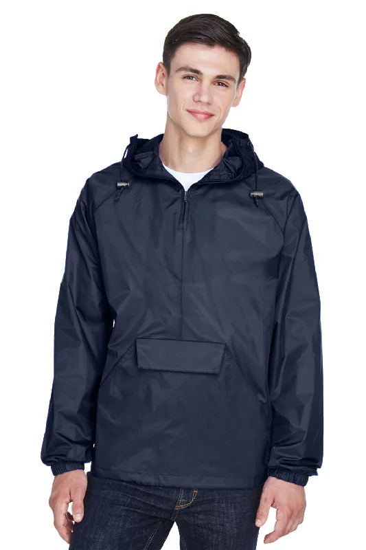 Men's breathable jacket-UltraClub Mens Pack Away Wind & Water Resistant 1/4 Zip Hooded Jacket - True Navy Blue - Closeout