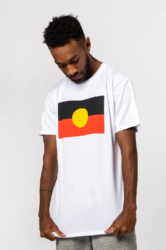 Men's sporty fit t-shirt-"Raise the Flag" Aboriginal Flag (Large) White Cotton Crew Neck Unisex T-Shirt