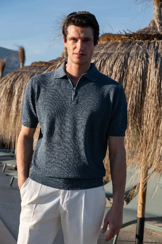 Men's eco-conscious travel wear polo shirt-Ocean textured knit polo with zip - Made in Italy