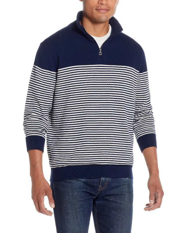 Men's spring sweater-Striped 1/4 Zip Sweater In New Navy