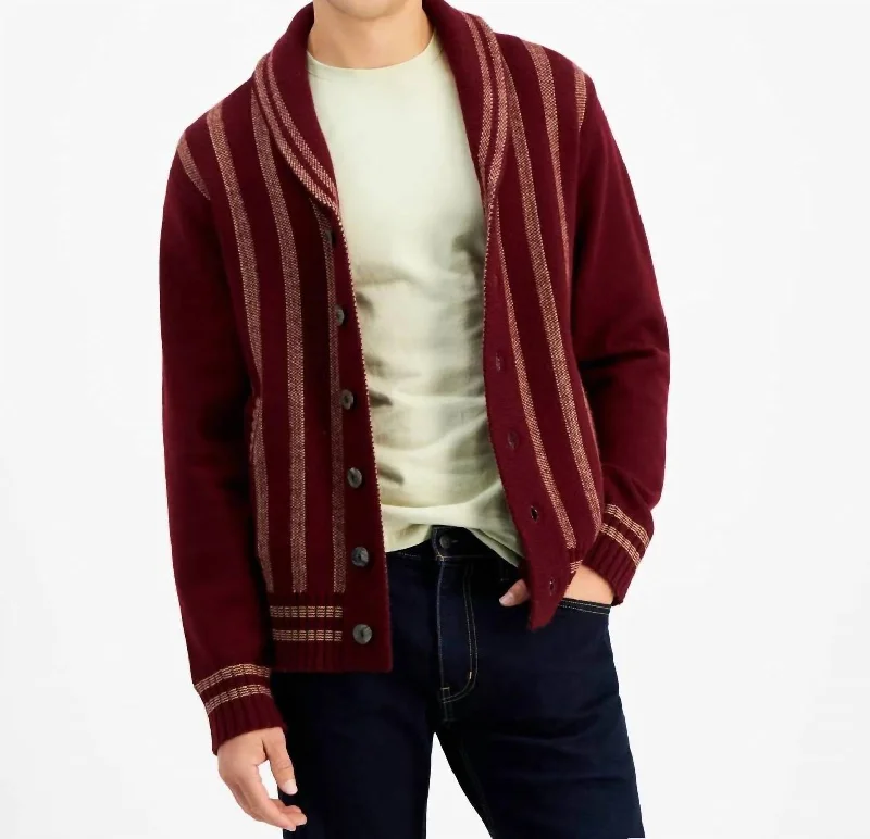 Men's travel knitwear-Bonney Cardigan In Burgundy/cream