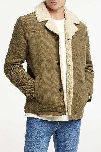 Men's versatile jacket-WRANGLER Mens Bakers Sherpa Cord Coat Olive Cord