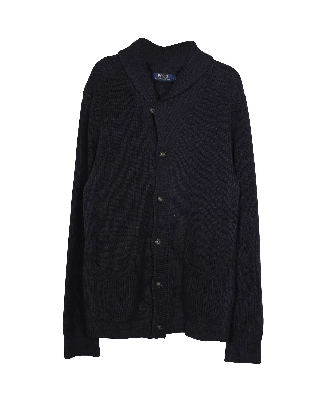 Men's timeless knit-Polo Ralph Lauren Long-sleeve Shawl Collar Rib-Knit Cardigan in Navy Blue Cotton