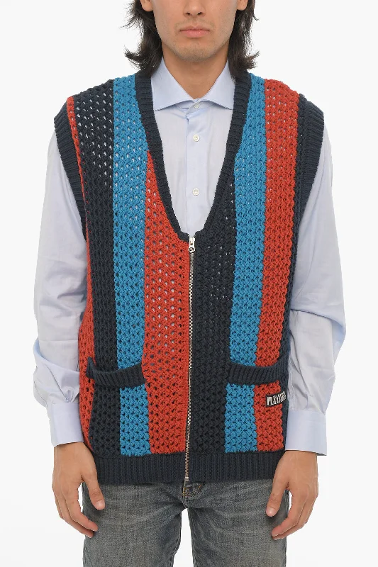 Men's knit pullover-Pleasures Sleeveless Perforated Cotton Cardigan with Zip Closure