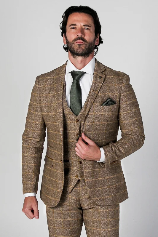 Men's naturally breathable jacket-Harris - Mens Brown Tweed Check Blazer