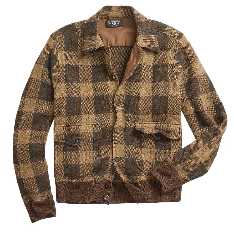 Men's comfortable jacket-RRL by Ralph Lauren Plaid Wool Jumper Jacket Olive Multi