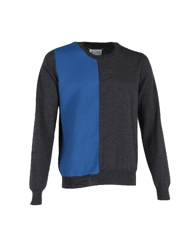 Men's all-season knitwear-Maison Margiela Colorblock Crewneck Sweater in Gray and Blue Cotton