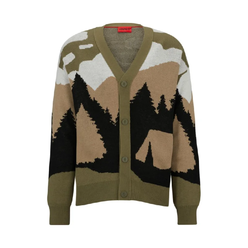 Men's linen sweater-Oversized-fit cardigan with camping-inspired artwork