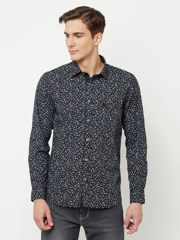 Men's high-stretch gym wear shirt-Men's Black Casual Floral Ditsy Print Full Sleeve Shirt