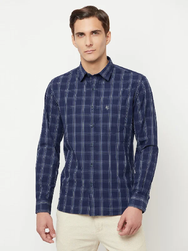 Men's lightweight gym wear shirt-Men's Navy Blue Casual Medium Checks Full Sleeve Shirt