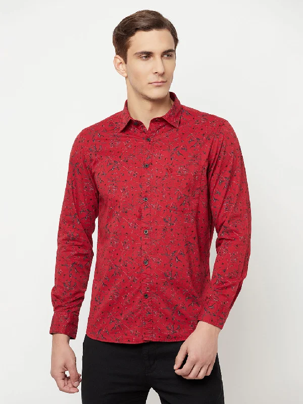 Men's fashion-forward travel wear shirt-Men's Red Casual Floral Print Full Sleeve Shirt