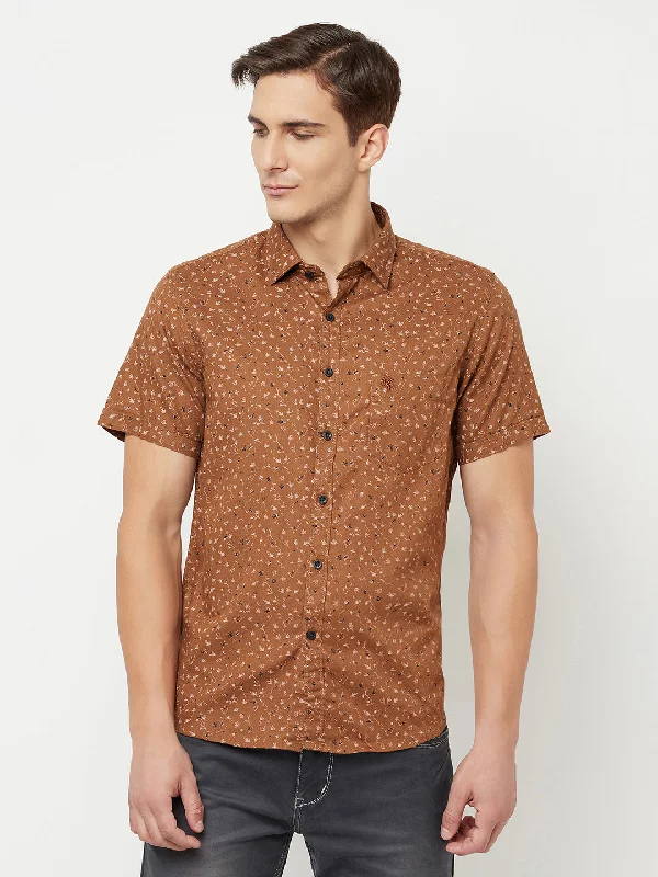 Men's tech-fabric gym wear shirt-Men's Brown Casual Floral Print Half Sleeve Shirt