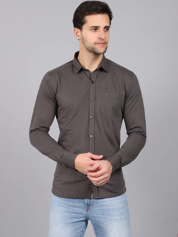 Men's eco-conscious gym wear shirt-Men's Dark Grey Casual Knit Jersey Full Sleeve Shirt