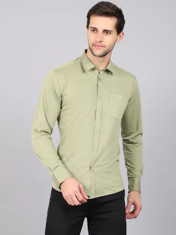 Men's adaptable casual shirt-Men's Light Olive Green Casual Knit Jersey Full Sleeve Shirt