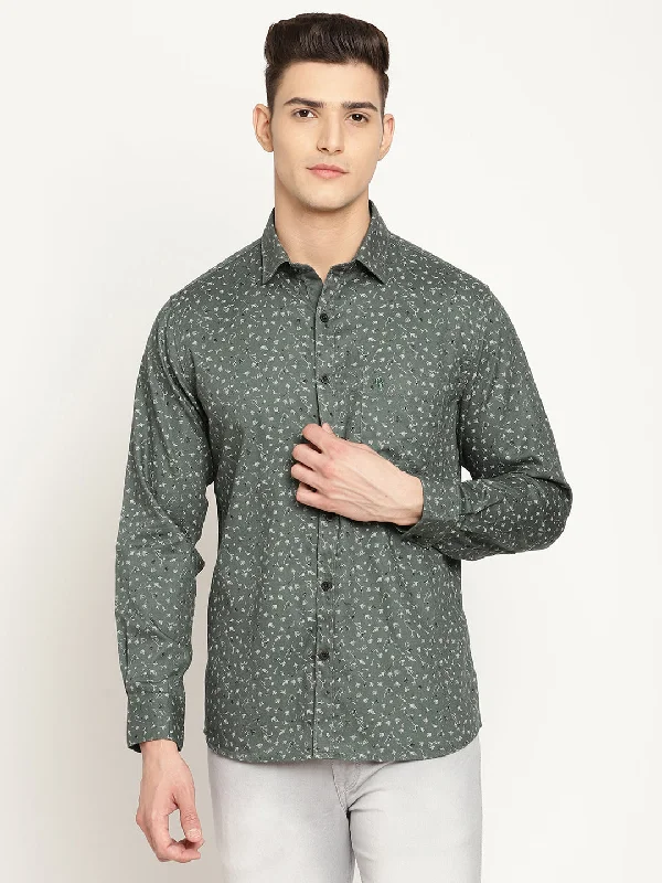 Men's performance travel shirt-Men's Light Olive Green Casual Floral Print Full Sleeve Shirt