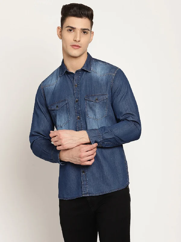 Men's sporty travel shirt-Men's Mid Blue Casual Denim Full Sleeve Shirt