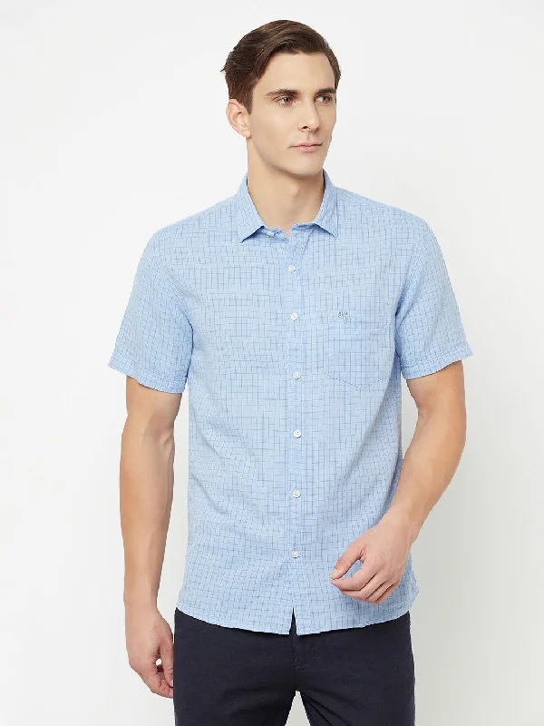 Men's performance office wear shirt-Men's Sky Blue Casual Small Checks Half Sleeve Shirt