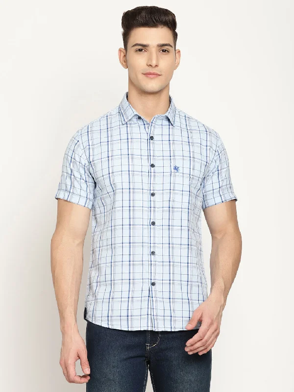 Men's quick-dry office shirt-Men's Sky Blue Casual Medium Checks Half Sleeve Shirt