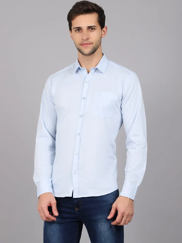 Men's breathable formal shirt-Men's Sky Blue Casual Knit Jersey Full Sleeve Shirt