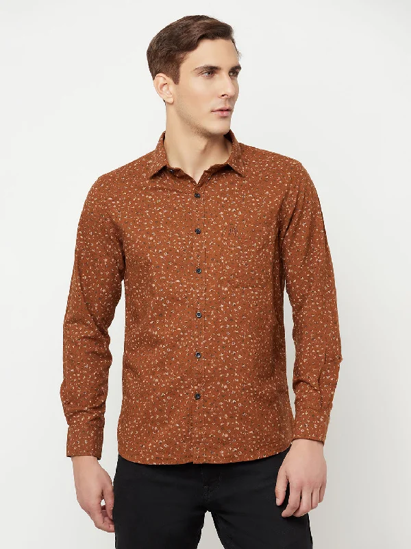 Men's breathable dress wear shirt-Men's Brown Casual Floral Ditsy Print Full Sleeve Shirt