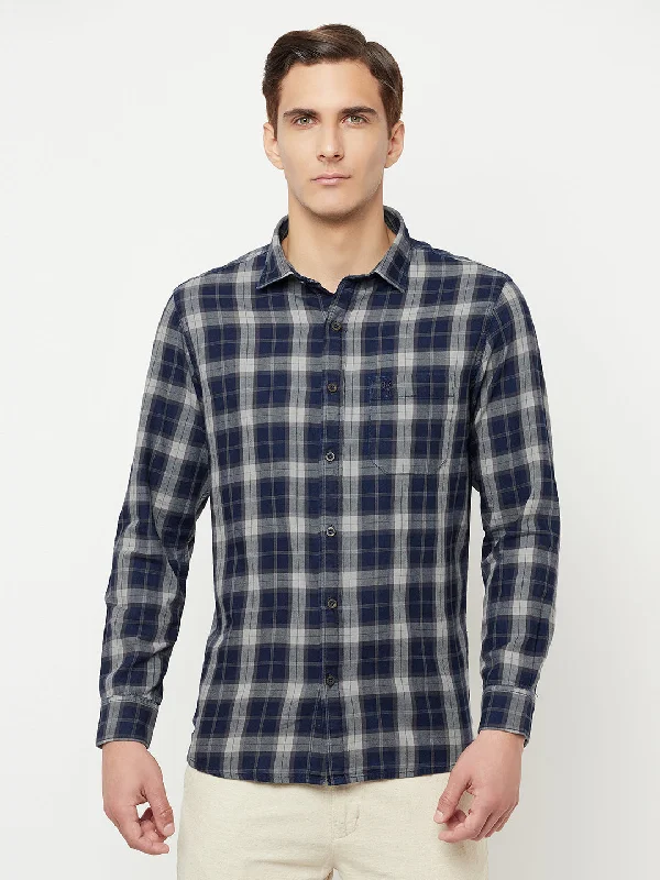 Men's organic office wear shirt-Men's Navy Blue Casual Big Checks Full Sleeve Shirt