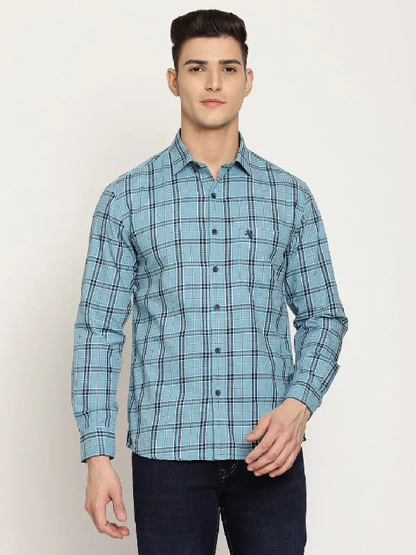 Men's modern travel shirt-Men's Blue Casual Medium Checks Full Sleeve Shirt