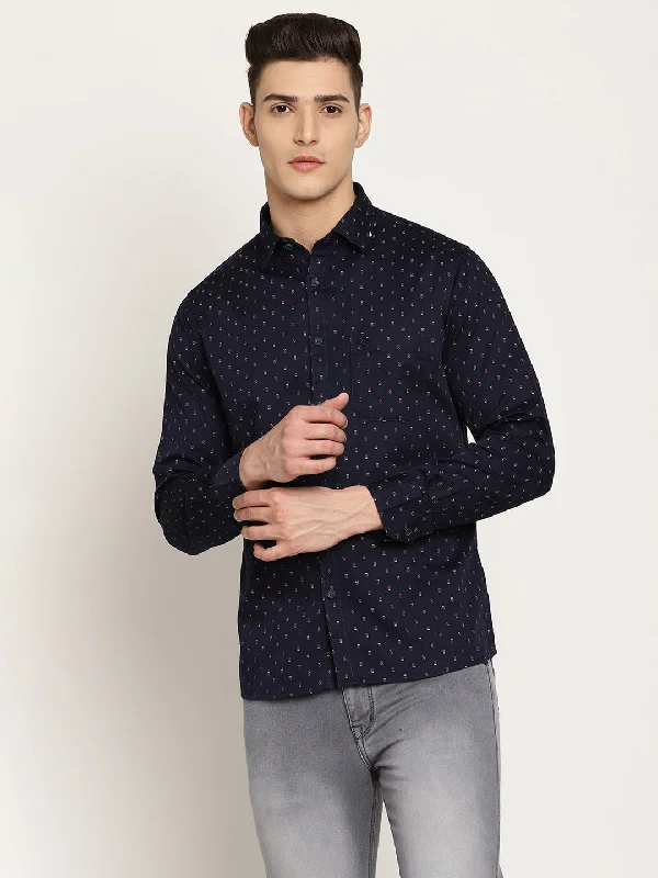 Men's lightweight dress shirt-Men's Navy Blue Casual Geometric Print Full Sleeve Shirt