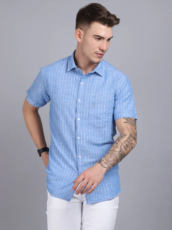 Men's antibacterial gym wear shirt-Men's Blue Casual Thin Stripe Half Sleeve Shirt