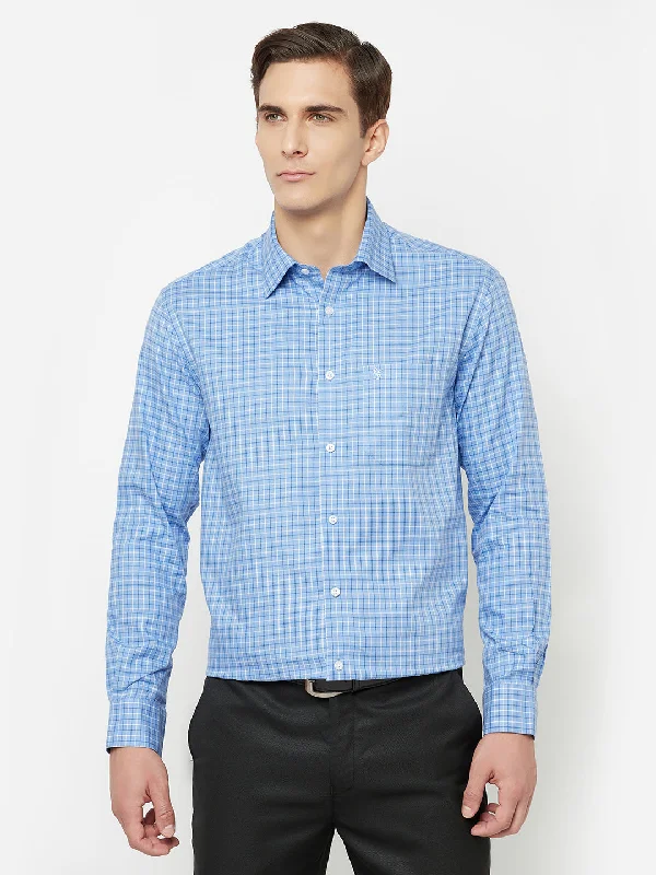 Men's high-performance office wear shirt-Men's Blue Formal Small Checks Full Sleeve Shirt