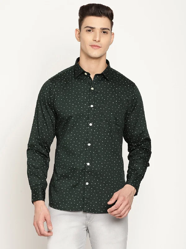 Men's high-stretch office shirt-Men's Bottle Green Casual Ditsy Print Full Sleeve Shirt