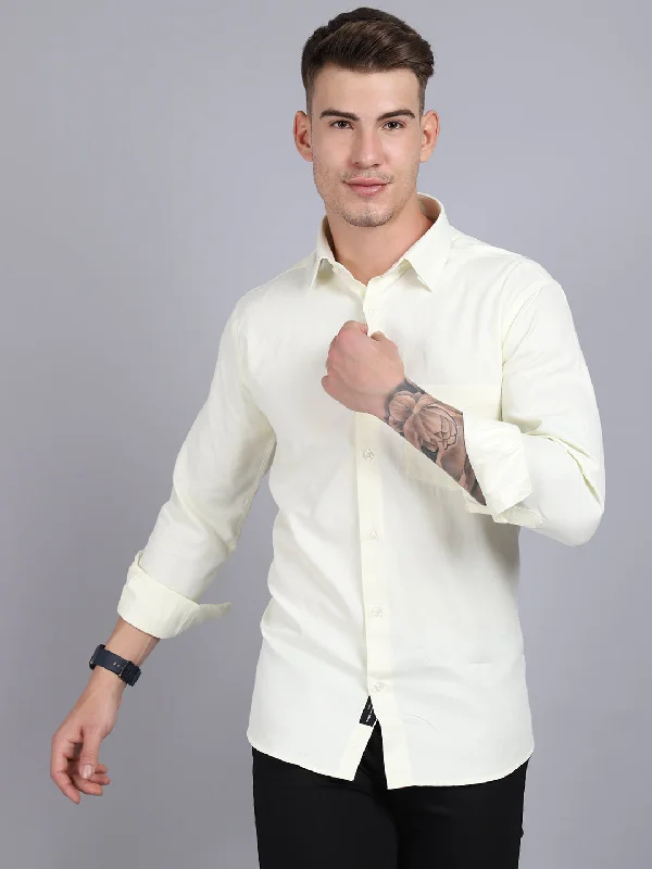 Men's tech-fabric travel wear shirt-Men's Light Yellow Formal Plain Full Sleeve Shirt