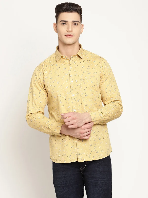 Men's naturally wicking shirt-Men's Yellow Casual Floral Print Full Sleeve Shirt