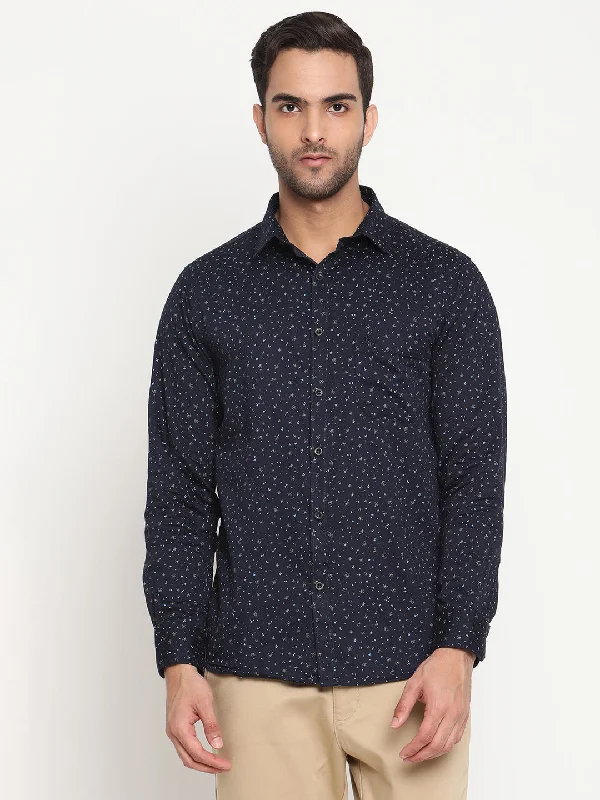 Men's fashion-forward office wear shirt-Men's Navy Blue Casual Floral Ditsy Print Full Sleeve Shirt