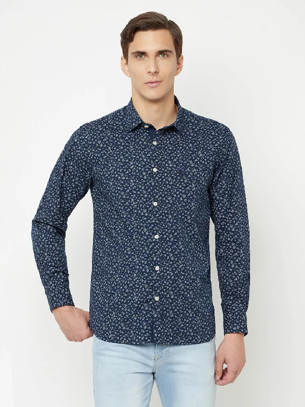 Men's eco-conscious office shirt-Men's Navy Blue Casual Floral Ditsy Print Full Sleeve Shirt