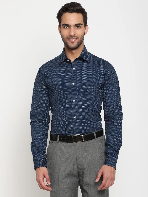 Men's modern office wear shirt-Men's Navy Blue Formal Dot Print Full Sleeve Shirt