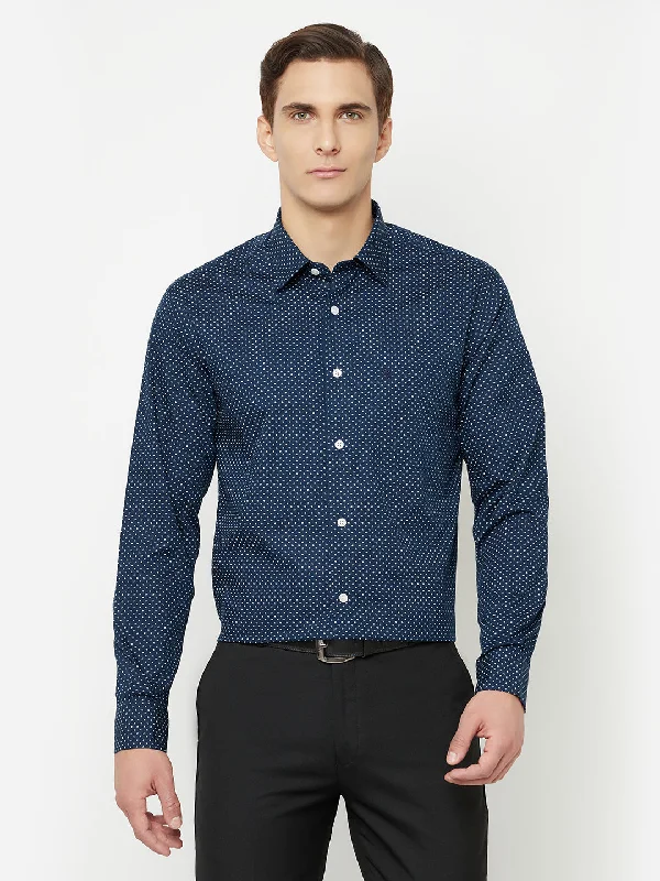 Men's tech-inspired gym shirt-Men's Navy Blue Formal Dot Print Full Sleeve Shirt