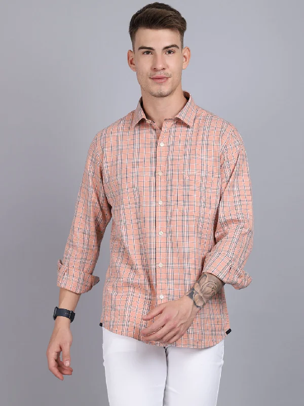 Men's summer travel wear shirt-Men's Peach Casual Medium Checks Full Sleeve Shirt