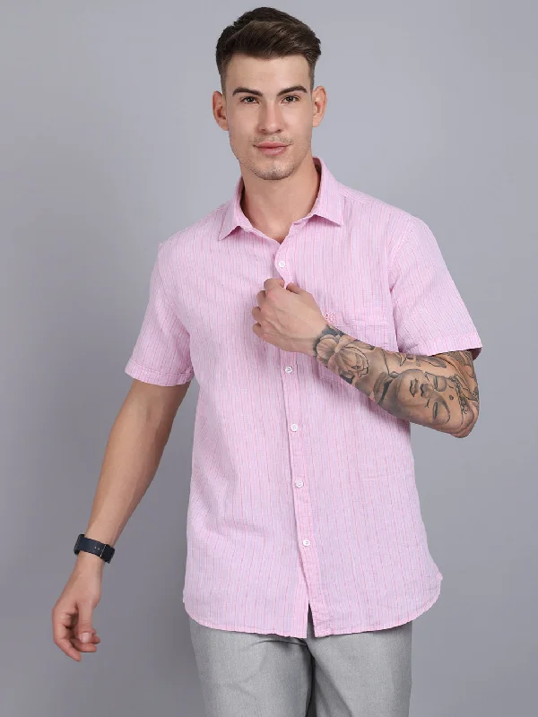 Men's sustainable travel wear shirt-Men's Light Pink Casual Thin Stripe Half Sleeve Shirt