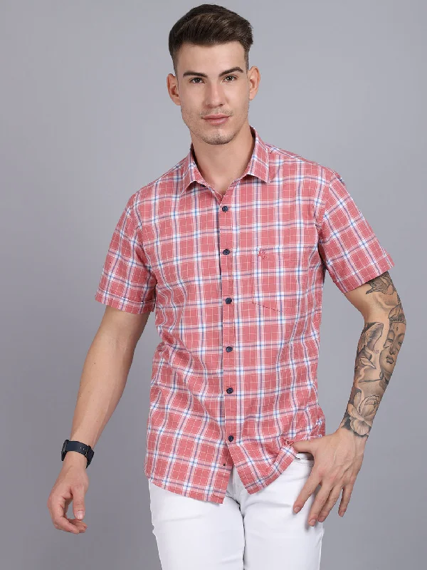 Men's adventure-ready dress wear shirt-Men's Pink Casual Medium Checks Half Sleeve Shirt