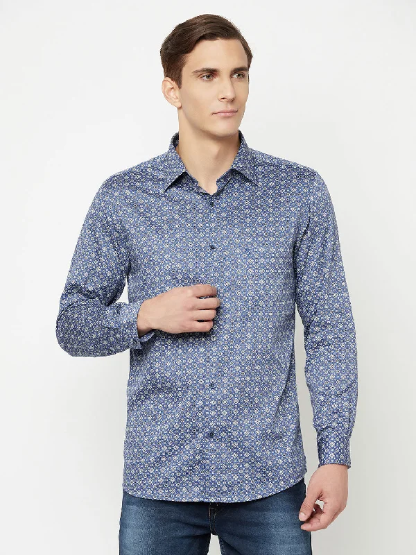 Men's quick-dry travel wear shirt-Men's Blue Party Geometric Ditsy Print Full Sleeve Shirt