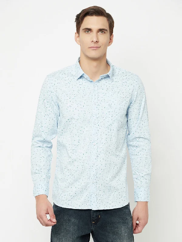 Men's wrinkle-free gym shirt-Men's Sky Blue Casual Floral Print Full Sleeve Shirt