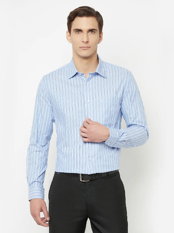 Men's fashion-forward gym shirt-Men's Sky Blue Formal Narrow Stripe Full Sleeve Shirt