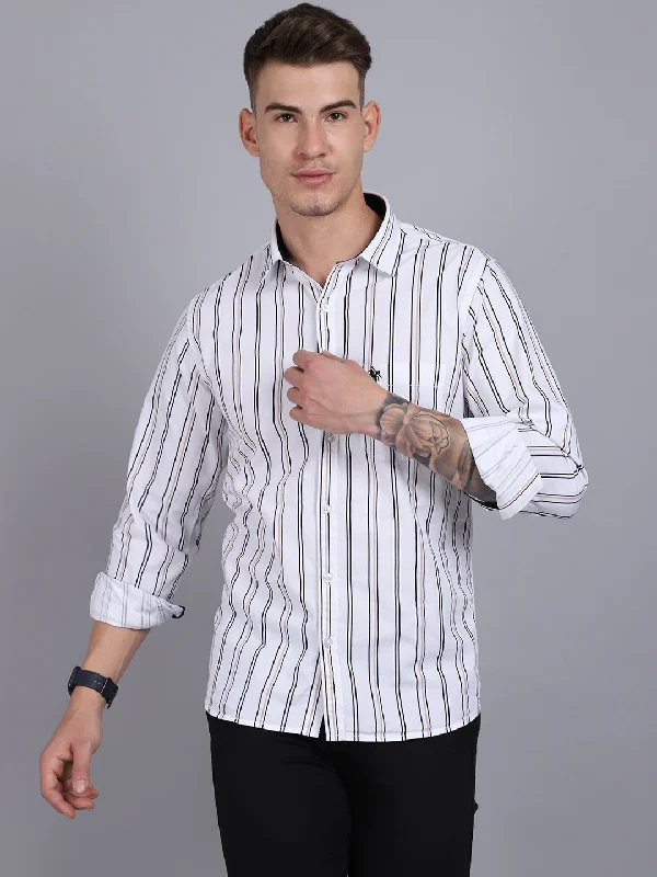 Men's quick-dry travel wear shirt-Men's White Casual Broad Stripe Full Sleeve Shirt